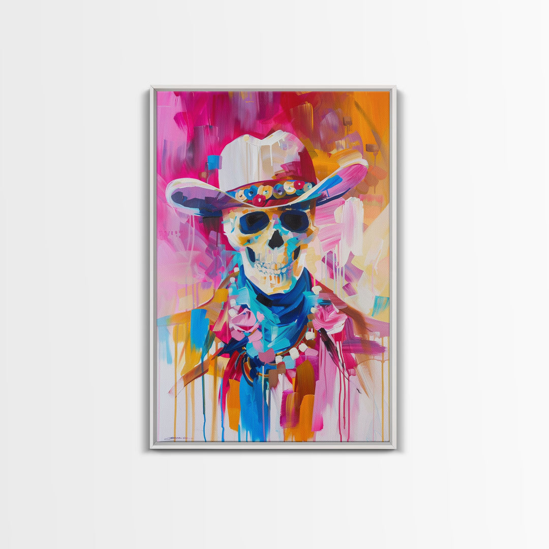 Vibrant Skeleton Cowboy Art - Framed Canvas Print, Colorful Western Decor, Skull Art, Living Room Wall Art, Unique Home Decor