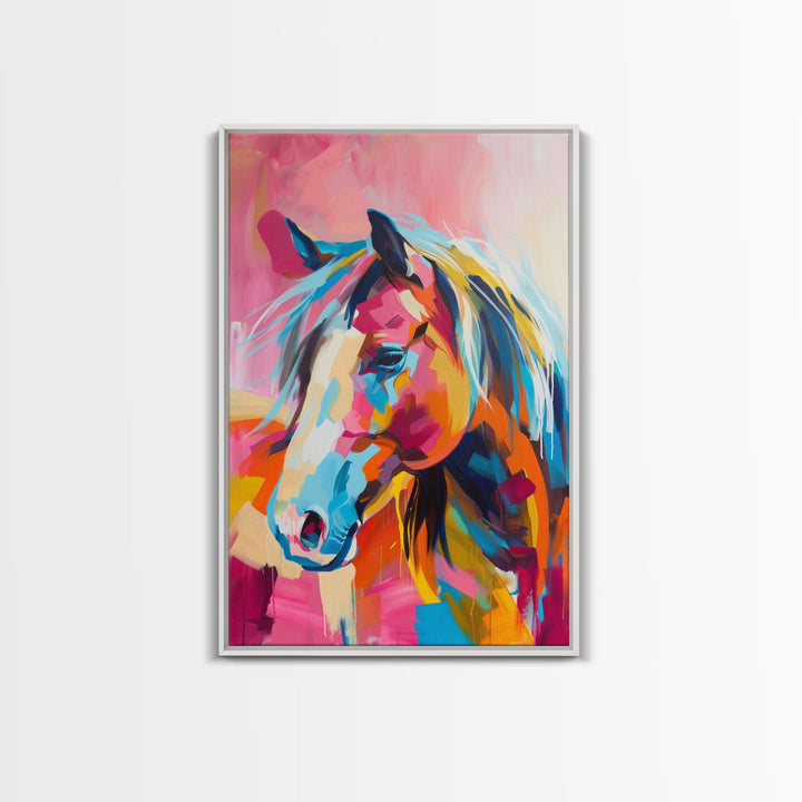 Vibrant Horse Head Painting - Framed Canvas Print, Colorful Living Room Decor, Bold Wall Art, Unique Home Decor