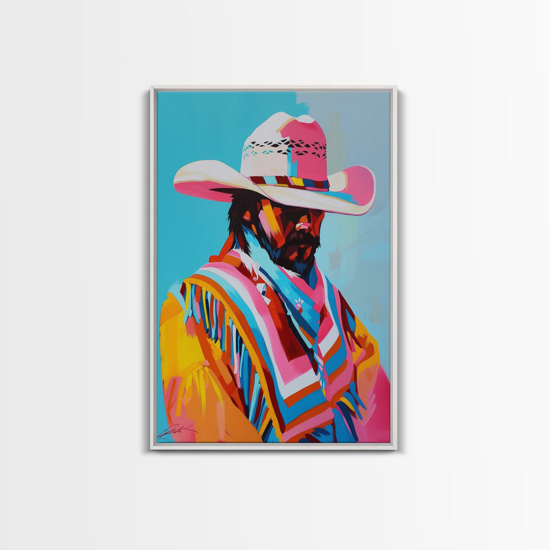 Vibrant Cowboy Portrait - Framed Canvas Print, Colorful Living Room Decor, Bold Wall Art, Unique Home Decor