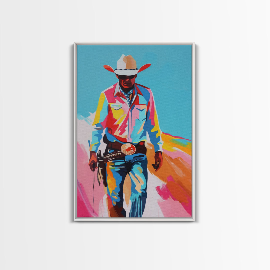 Vibrant Cowboy in Desert Silhouette - Framed Canvas Print, Colorful Western Art, Modern Cowboy Wall Art for Living Room Decor