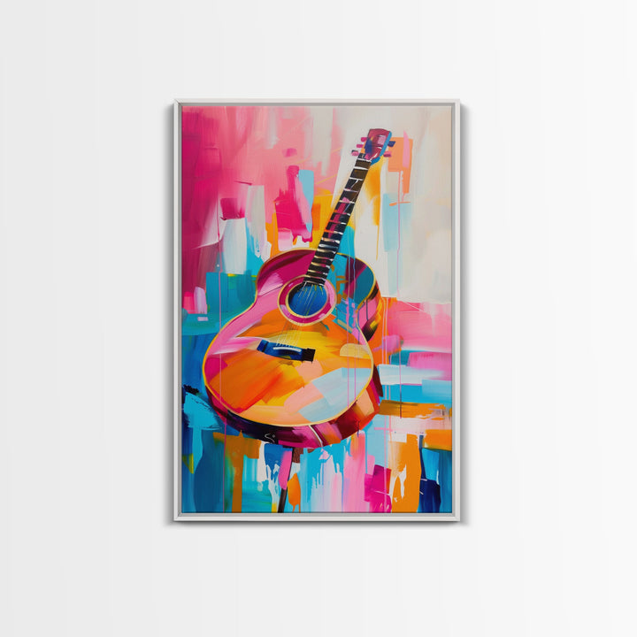 Vibrant Acoustic Guitar Painting - Framed Canvas Print, Colorful Western Art, Musical Wall Art for Living Room Decor