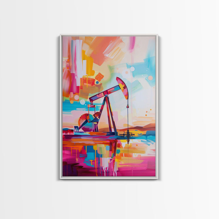 Vibrant Abstract Oil Rig Art - Framed Canvas Print, Modern Industrial Decor, Colorful Oil Pump Wall Art, Unique Living Room Artwork