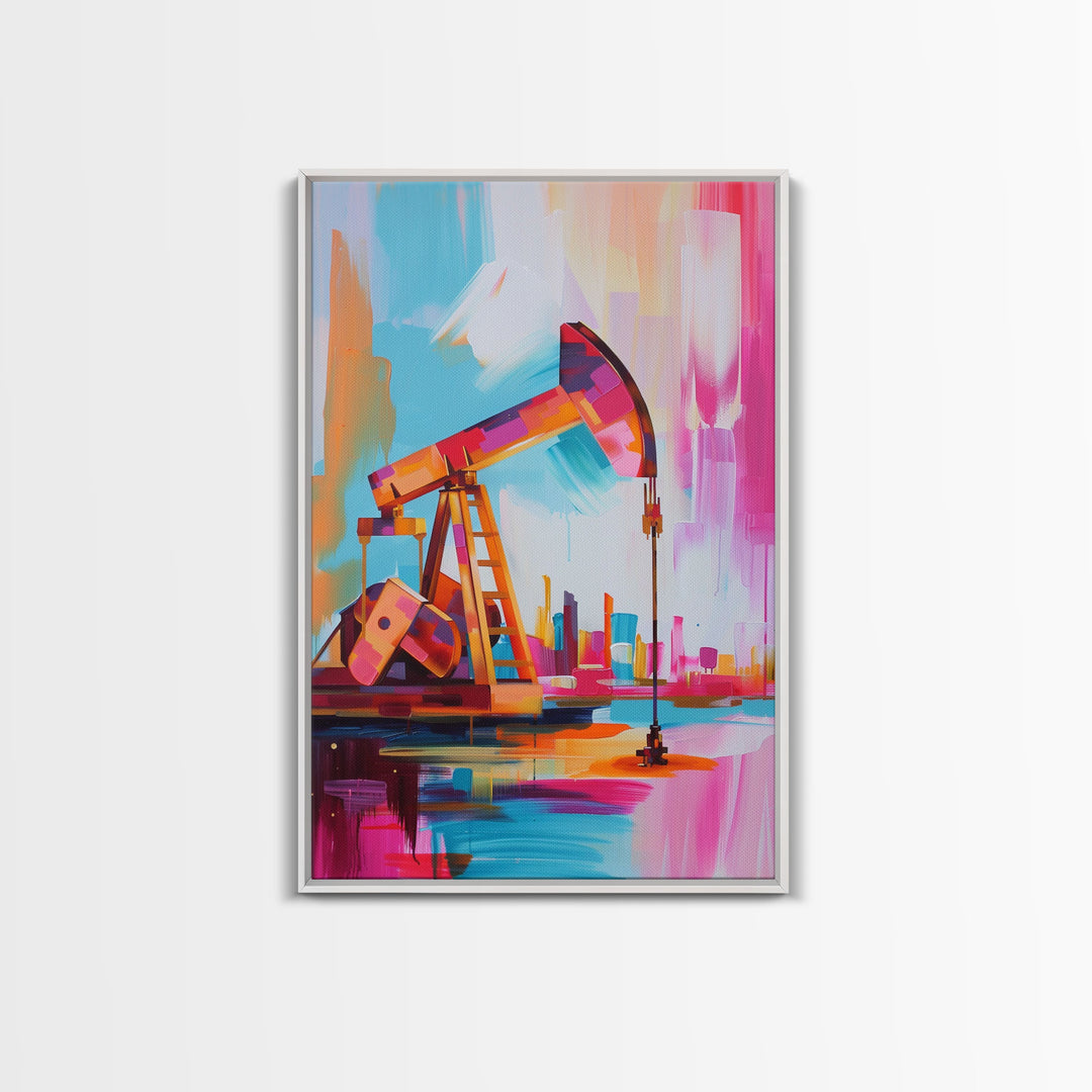 Colorful Oil Derrick Canvas Art - Framed Canvas Print, Contemporary Industrial Decor, Modern Oil Rig Wall Art, Bold Bedroom Decor