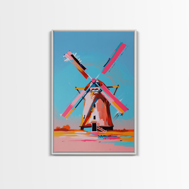 Playful Windmill Canvas Art - Framed Canvas Print, Modern Farmhouse Decor, Bright Windmill Wall Art, Vibrant Bedroom Artwork