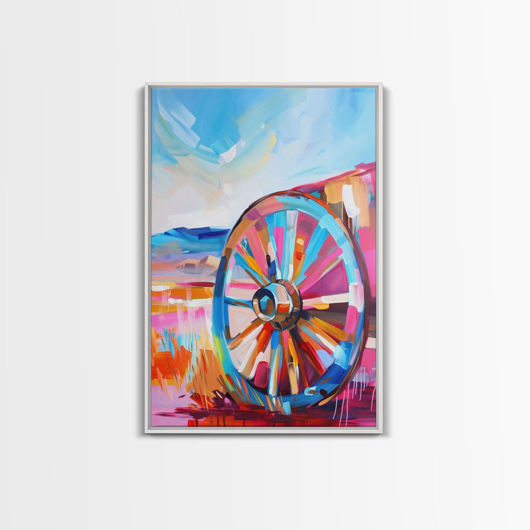 Rustic Wagon Wheel Art - Framed Canvas Print, Colorful Farmhouse Decor, Vibrant Wheel Wall Art, Unique Living Room Artwork