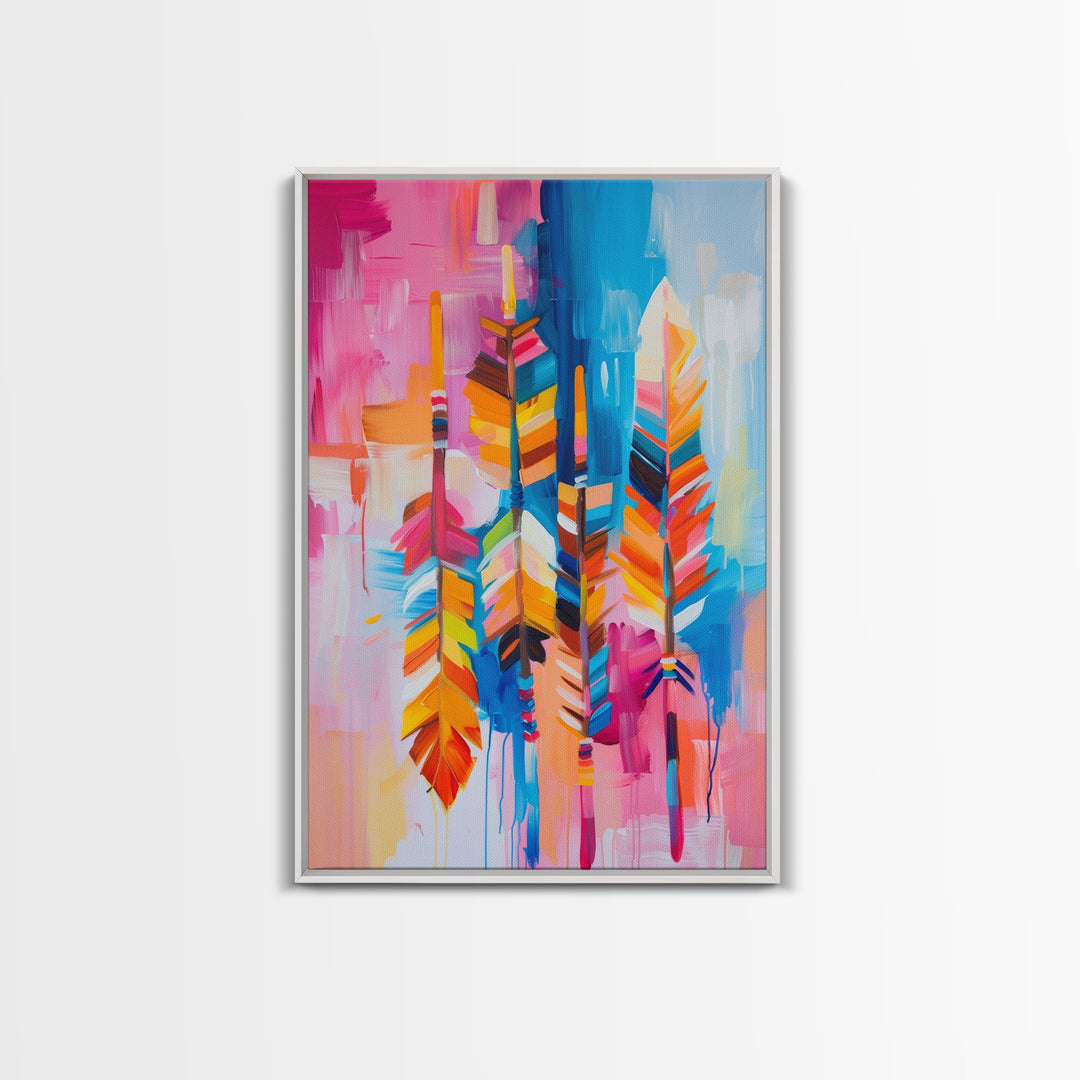 Colorful Feather Abstract Art - Framed Canvas Print, Bohemian Feather Decor, Bright Boho Wall Art, Unique Living Room Decoration