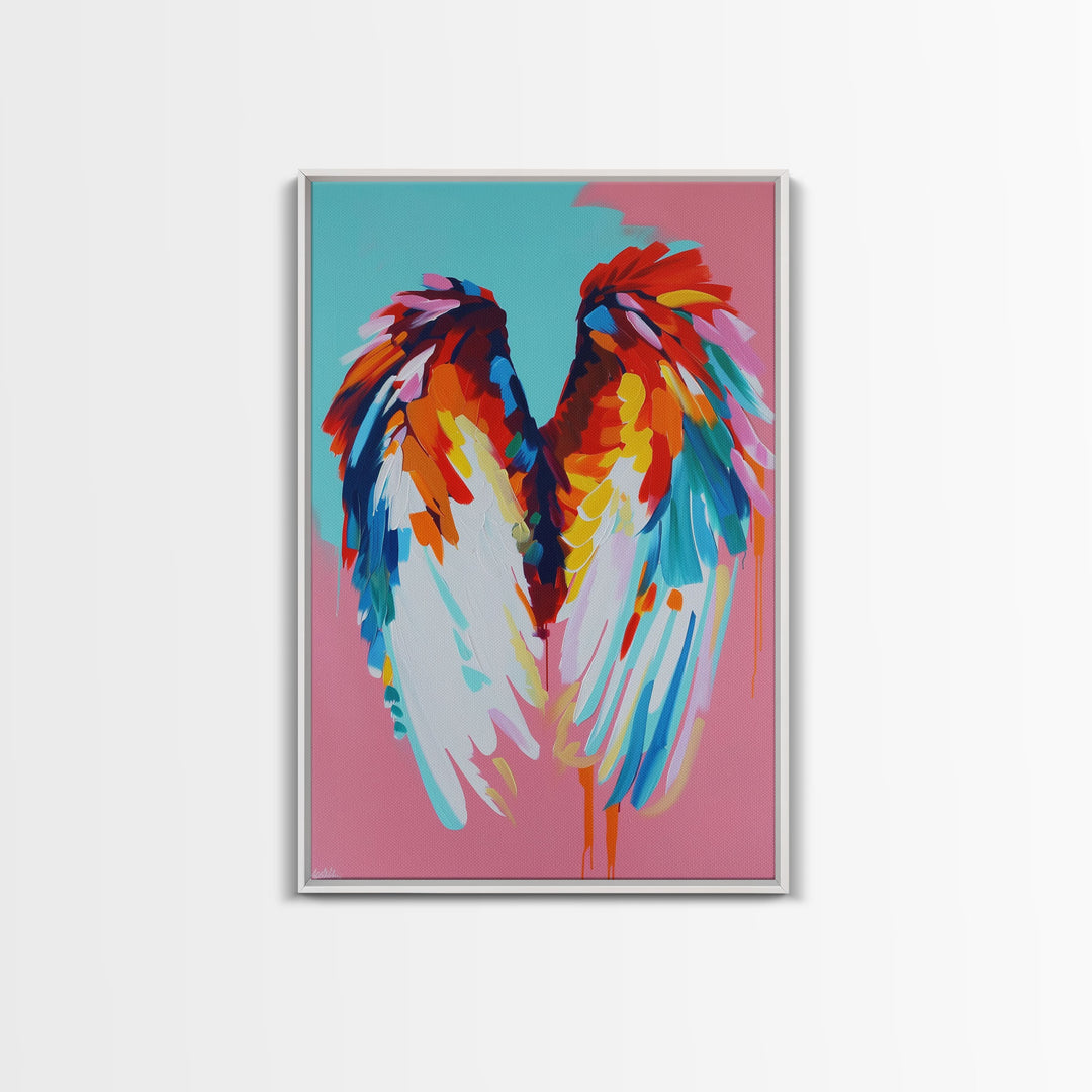 Angel Wings Abstract Art - Framed Canvas Print, Colorful Wing Decor, Modern Angel Wall Art, Whimsical Bedroom Decoration