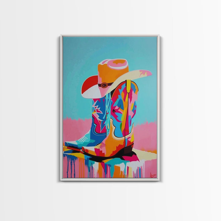 Colorful Cowboy Boots and Hat Illustration - Framed Canvas Print, Vibrant Western Decor, Cowboy Art for Living Room, Western Wall Art