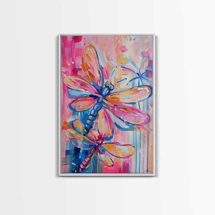 Trio of Colorful Dragonflies in Abstract Art - Framed Canvas Print, Nature-Inspired Wall Art, Vibrant Living Room Decor, Bedroom Art