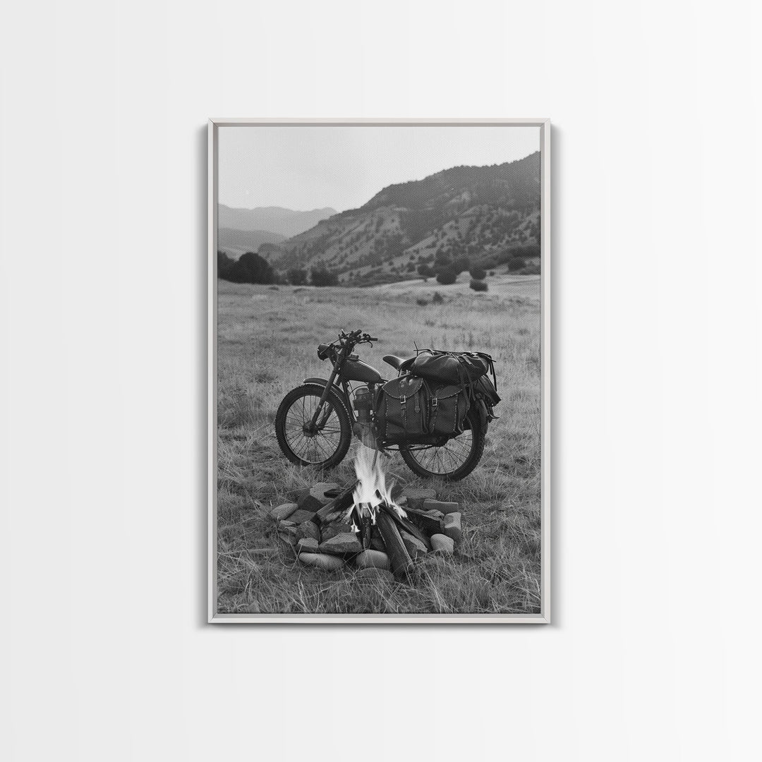 Vintage Motorcycle with Campfire in Black and White for Western Wall Art, Canvas Prints, Rustic Home Decor, Living Room Art, Bedroom Art