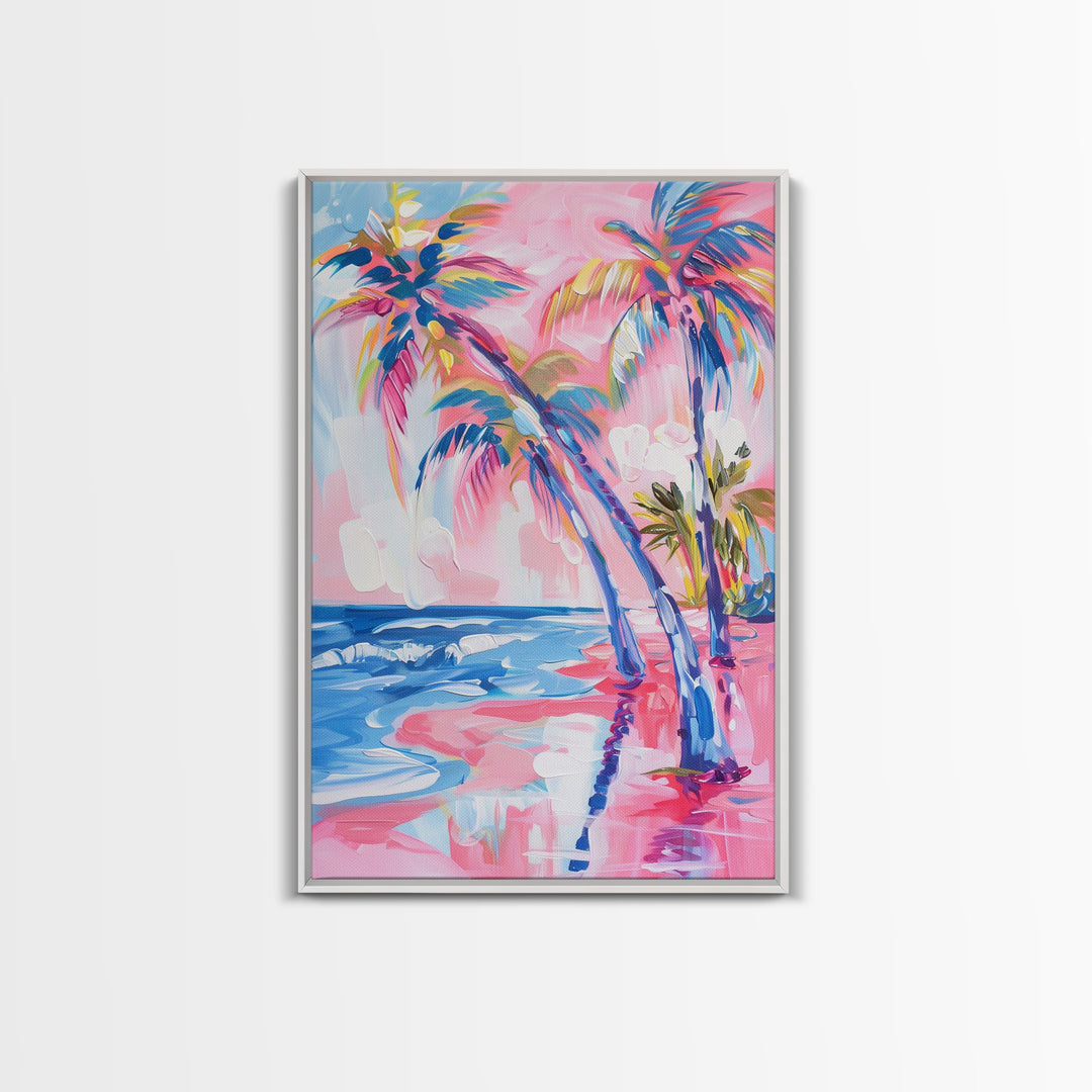 Vibrant Palm Trees and Ocean Waves in Abstract Style - Framed Canvas Print, Coastal Wall Art, Tropical Beach Decor for Living Room