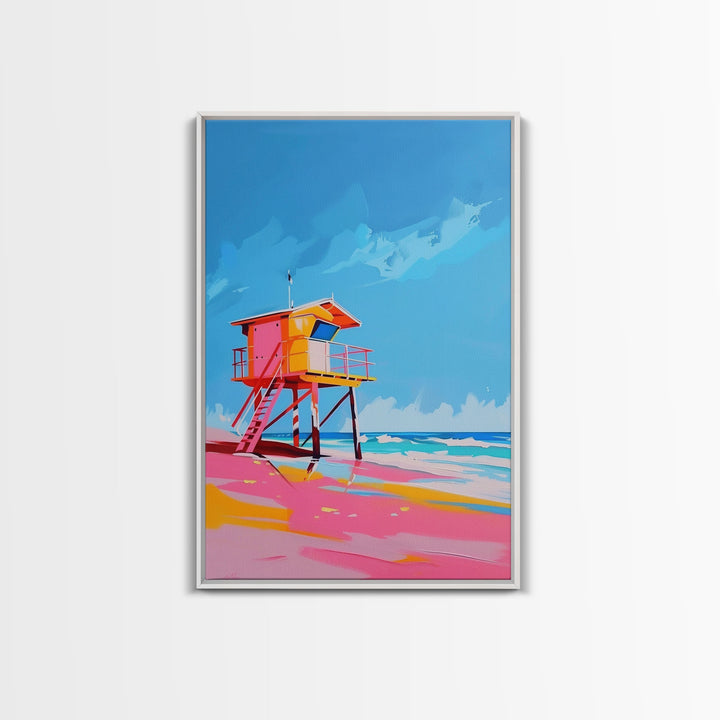 Colorful Lifeguard Tower on Sunny Beach - Framed Canvas Print, Beach House Decor, Coastal Art for Living Room or Office