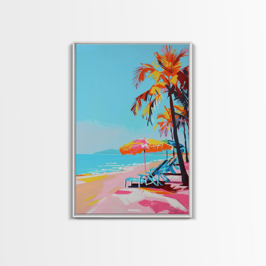 Palm Trees and Sun Loungers on Tropical Beach - Framed Canvas Print, Vacation Paradise Art, Beach Decor for Living Room