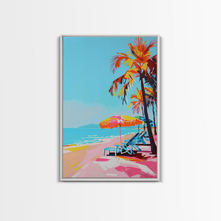 Palm Trees and Sun Loungers on Tropical Beach - Framed Canvas Print, Vacation Paradise Art, Beach Decor for Living Room