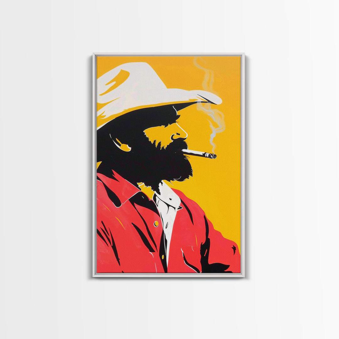 Silhouette of Bearded Man Smoking - Framed Canvas Print, Bold Pop Art, Modern Wall Art for Living Room or Man Cave