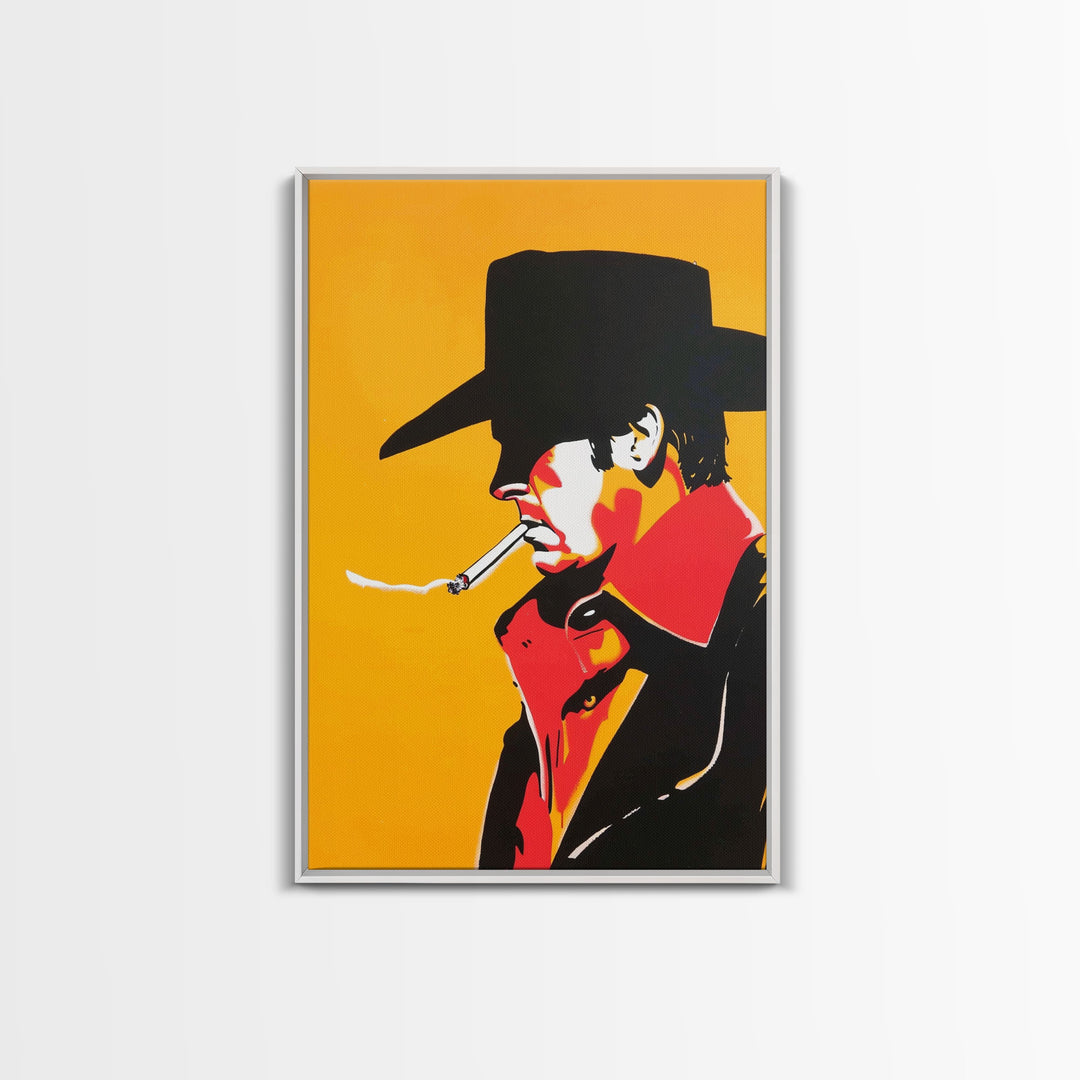 Mysterious Cowboy Smoking Cigarette - Framed Canvas Print, Western Pop Art, Bold Wall Art for Living Room or Bar