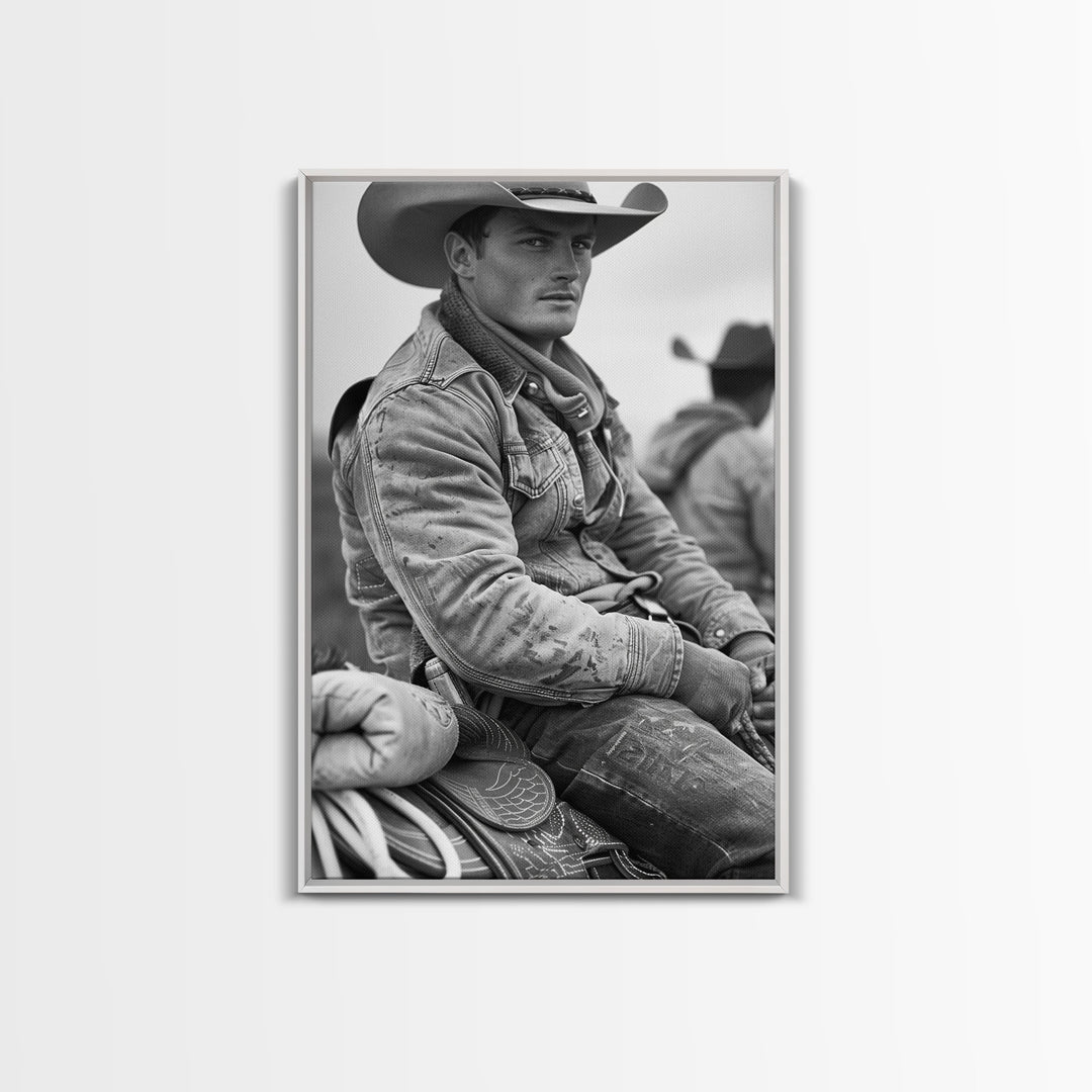 Rugged Cowboy in Weathered Denim Jacket, Black and White Photography for Western Wall Art, Canvas Prints, Home Decor, Living Room Art