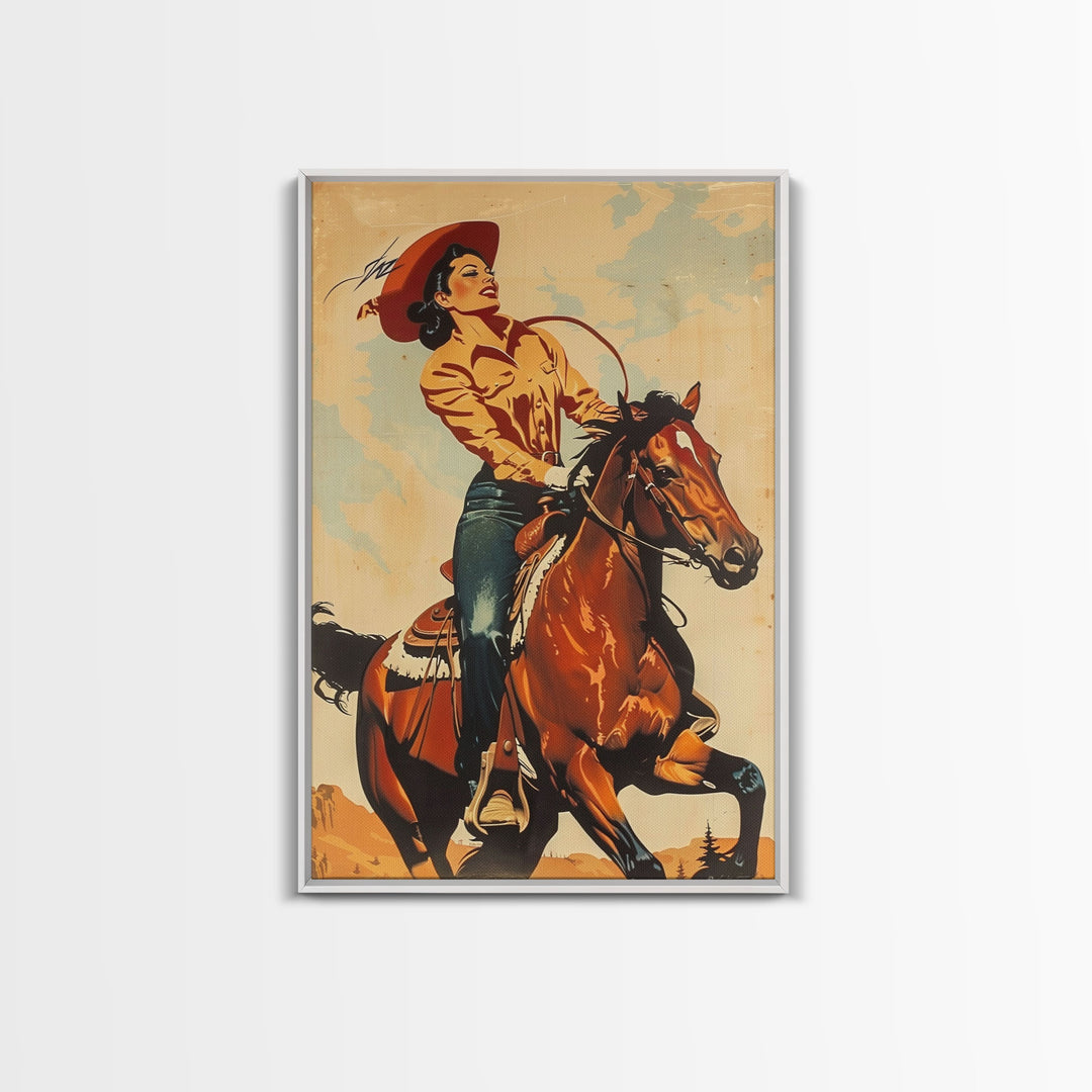 Dynamic Cowgirl on Horseback in Action | Framed Canvas Print | Western Wall Art | Living Room Decor | Rustic Home Decor