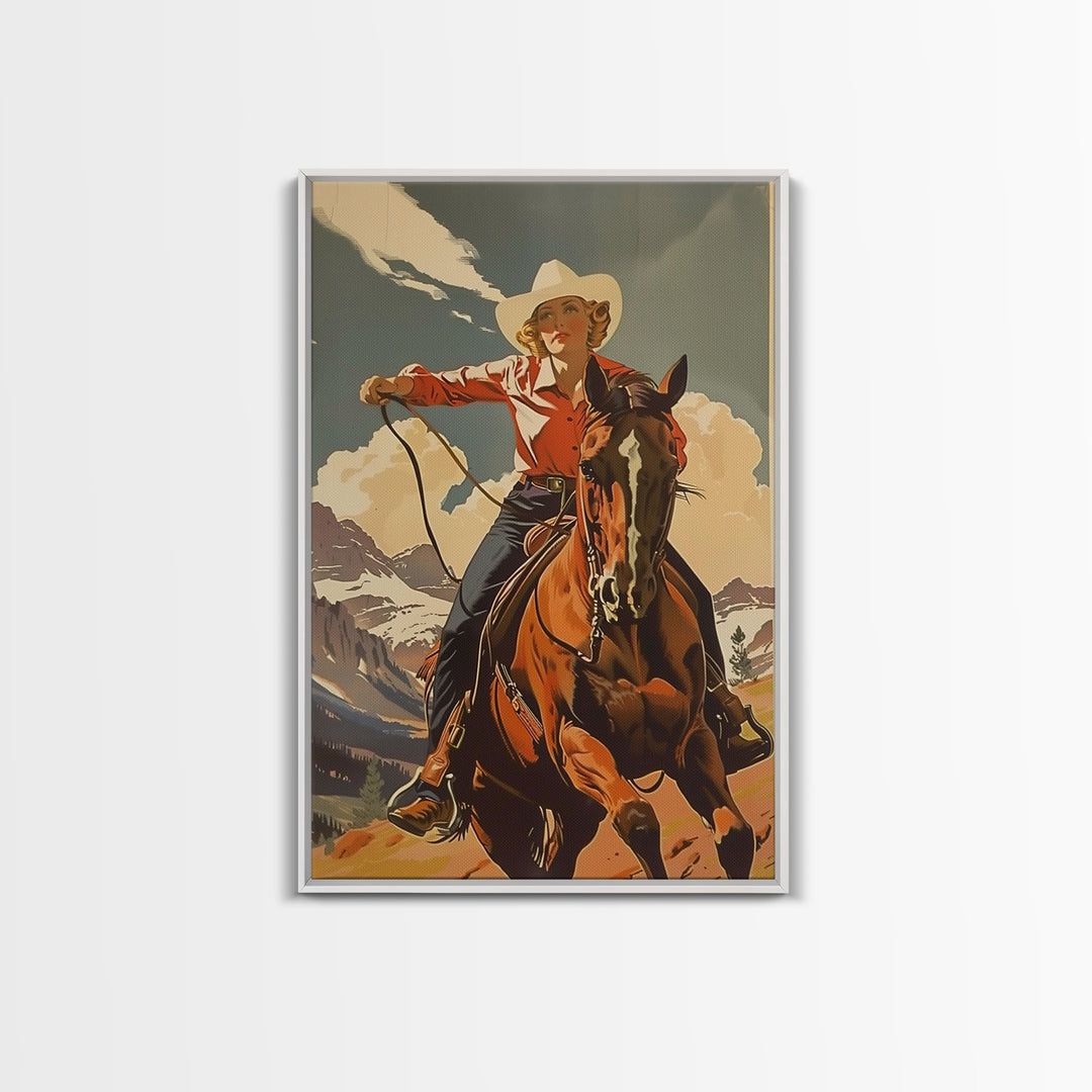 Brave Cowgirl in Mountains with Horse | Framed Canvas Print | Western Wall Art | Living Room Decor | Rustic Home Decor