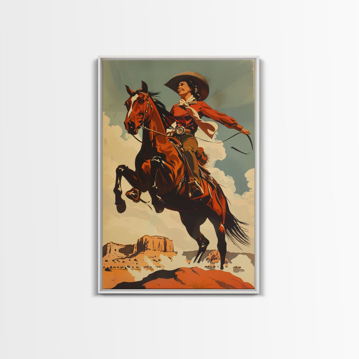 Elegant Cowgirl Commanding Horse | Framed Canvas Print | Western Wall Art | Living Room Decor | Rustic Home Decor