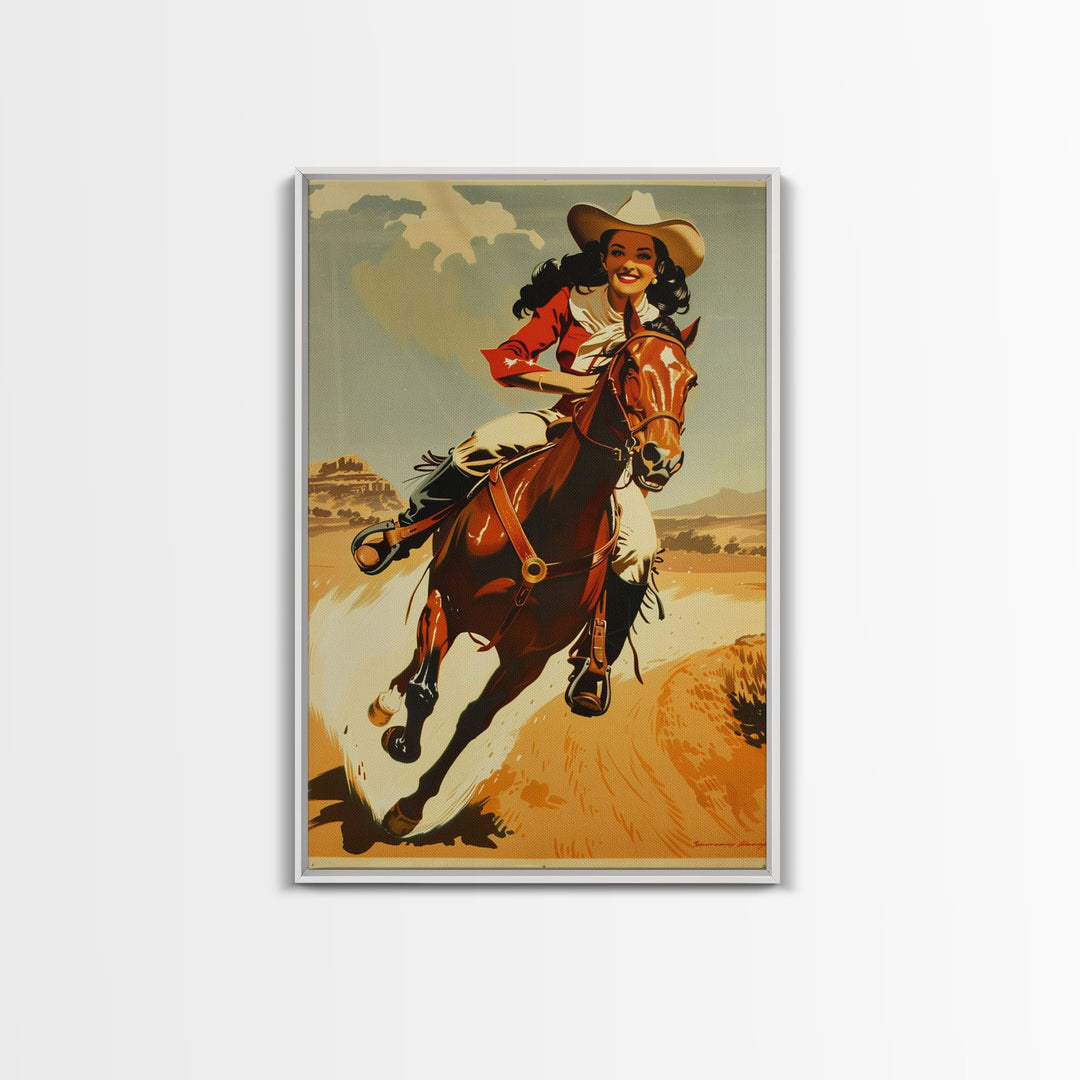 Graceful Cowgirl Jumping with Horse | Framed Canvas Print | Western Wall Art | Living Room Decor | Rustic Home Decor