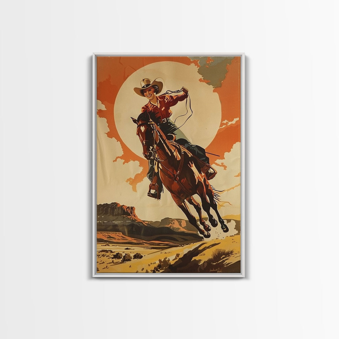 Spirited Cowgirl Racing Horse in Desert | Framed Canvas Print | Western Wall Art | Living Room Decor | Rustic Home Decor