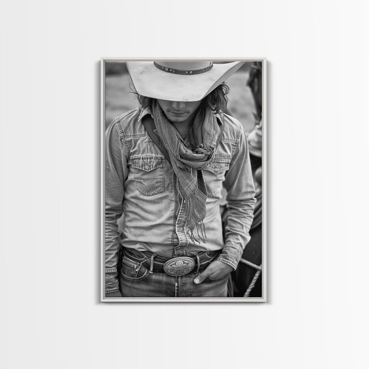 Cowboy with Hat and Scarf Looking Down in Black and White for Western Wall Art, Canvas Prints, Home Decor, Living Room Art, Bedroom Art