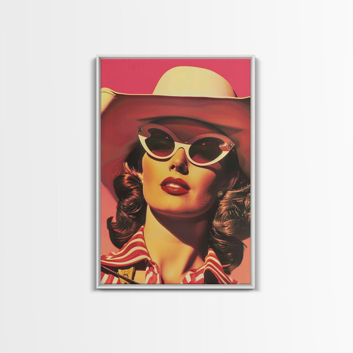 Retro Cowgirl in Sunglasses with Hat Art | Framed Canvas Print | Vintage Western Decor | Classic Cowgirl Wall Art for Home Decor