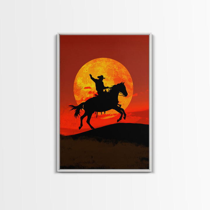 Cowboy Silhouette on Horseback at Sunset | Framed Canvas Print | Western Landscape Art | Rustic Cowboy Wall Art for Living Room