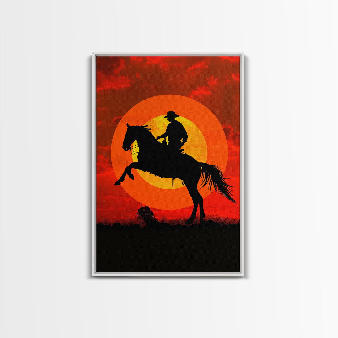 Cowboy on Horse with Dramatic Sunset Background | Framed Canvas Print | Western Silhouette Art | Sunset Cowboy Wall Art for Bedroom