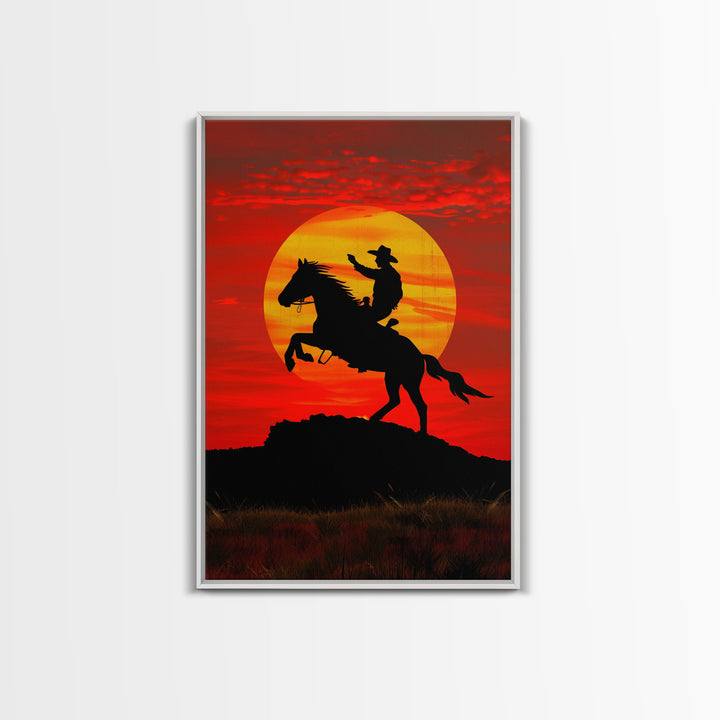 Dynamic Cowboy Horse Ride Silhouette at Sunset | Framed Canvas Print | Western Wall Art | Sunset Horseback Wall Art for Home Decor