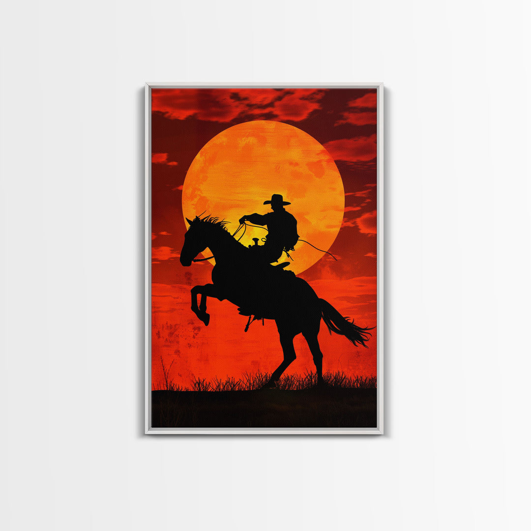 Cowboy Riding Horse into the Sunset | Framed Canvas Print | Western Silhouette Art | Rustic Cowboy Wall Art for Living Room