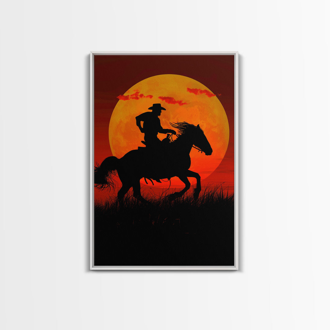 Action Cowboy Silhouette on Horse at Sunset | Framed Canvas Print | Western Wall Art | Dramatic Cowboy Wall Art for Home Decor