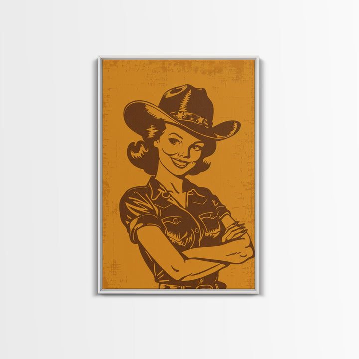 Retro Cowgirl Illustration in Yellow | Framed Canvas Print | Vintage Western Decor | Classic Cowgirl Wall Art for Living Room