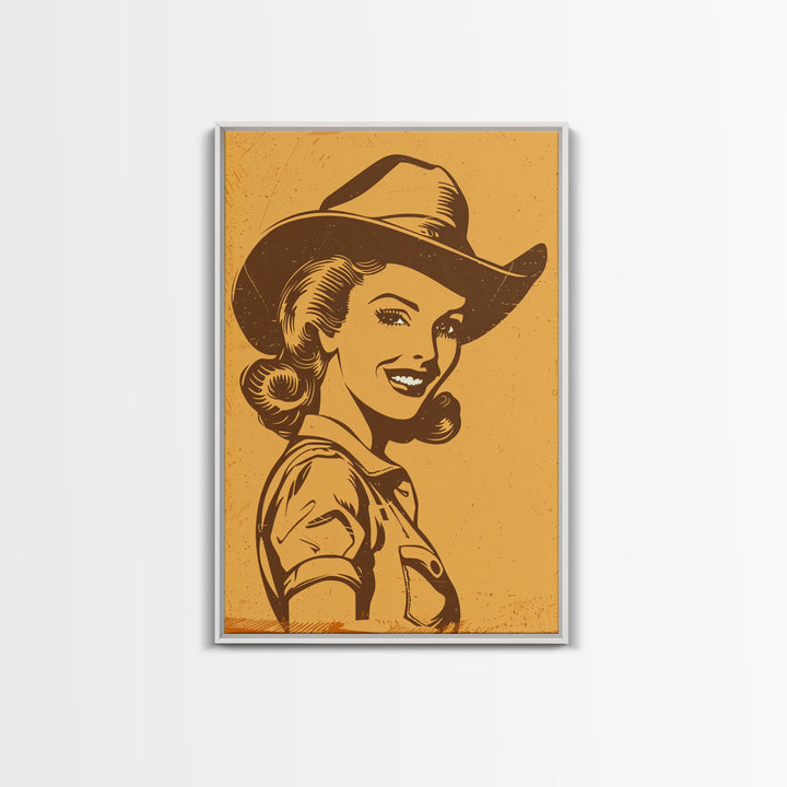 Smiling Retro Cowgirl in Hat Illustration | Framed Canvas Print | Vintage Western Art | Retro Cowgirl Wall Art for Bedroom Decor