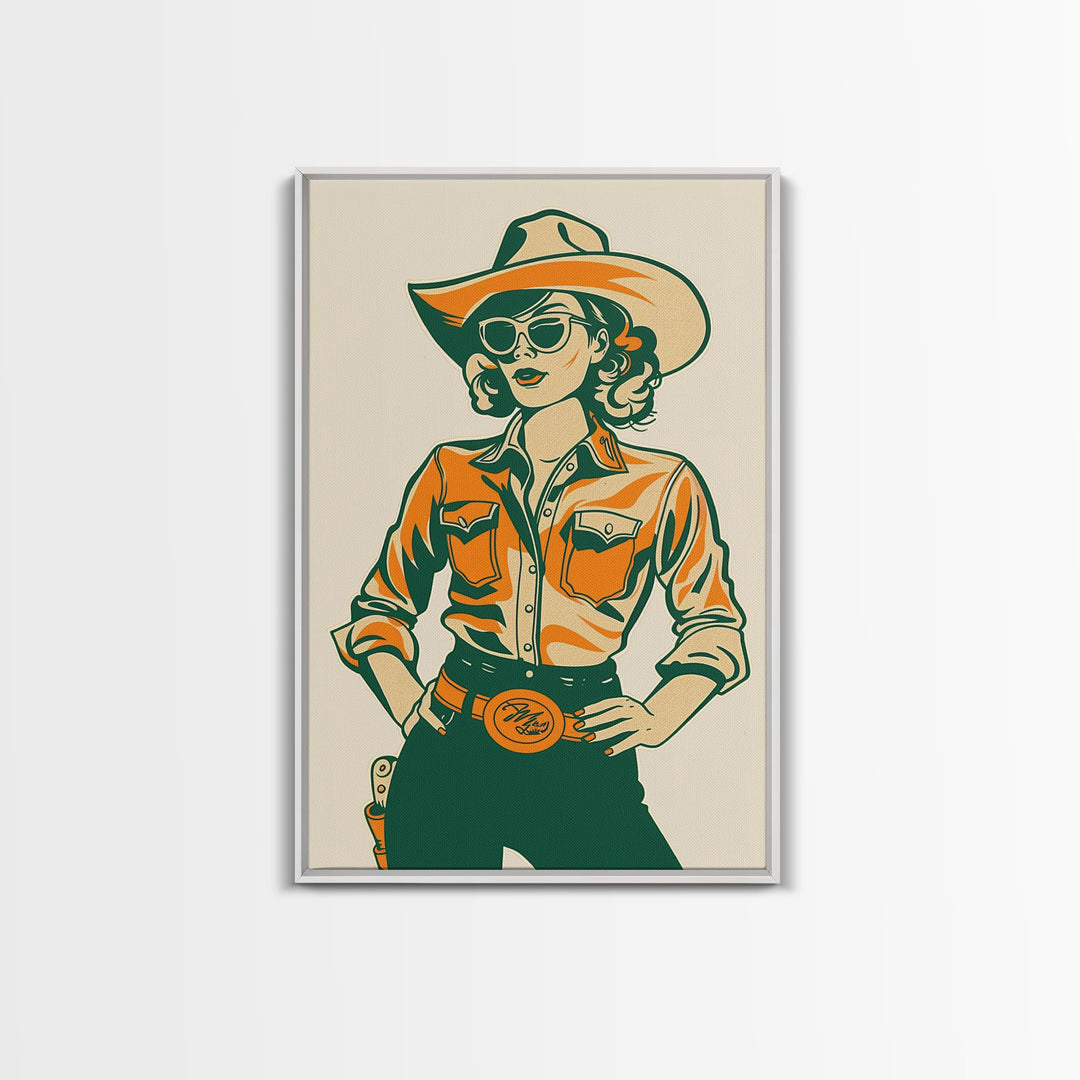 Stylish Retro Cowgirl in Sunglasses Illustration | Framed Canvas Print | Vintage Western Decor | Classic Cowgirl Wall Art for Home