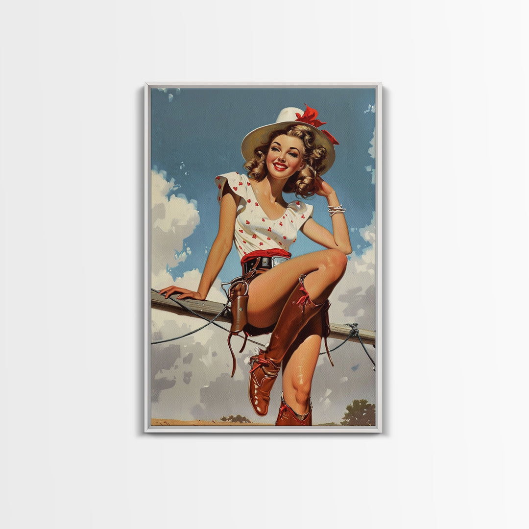 Classic Cowgirl Pin-Up Art Print, Vintage Western Framed Canvas, Retro Pin-Up Girl in Cowboy Hat and Boots, Unique Home Decor