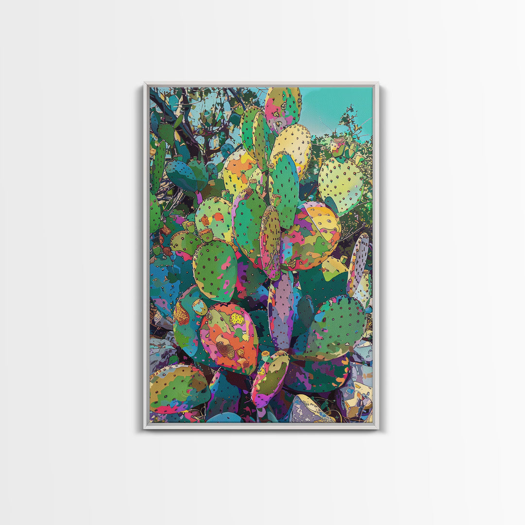 Vibrant Prickly Pear Cactus in Abstract Style - Framed Canvas Print, Colorful Desert Decor, Living Room Art, Cactus Wall Art for Home