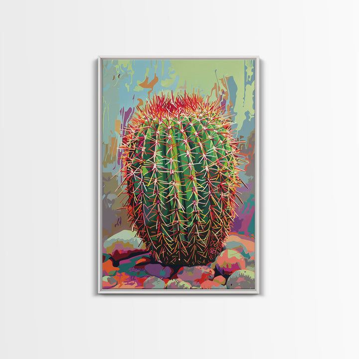 Bold Barrel Cactus Art with Red Spines - Framed Canvas Print, Vibrant Desert Decor, Living Room Art, Cactus Wall Art for Home