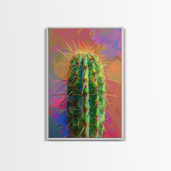 Green Cactus with Orange Spines on Colorful Background - Framed Canvas Print, Bright Desert Decor, Bedroom Art, Cactus Wall Art