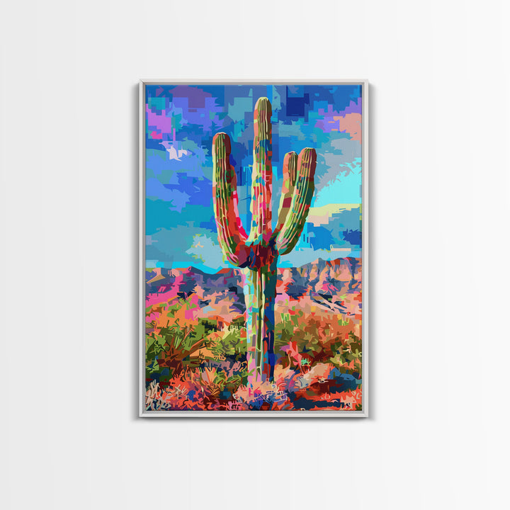 Majestic Saguaro Cactus in Colorful Desert Landscape - Framed Canvas Print, Vibrant Southwest Decor, Living Room Art, Cactus Wall Art