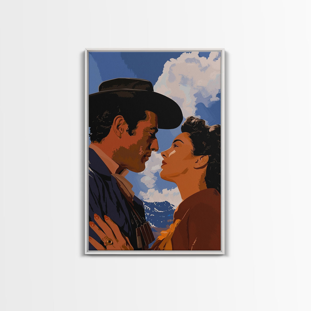 Romantic Cowboy Couple in Western Landscape - Framed Canvas Print, Vintage Western Decor, Bedroom Art, Romantic Wall Art for Home