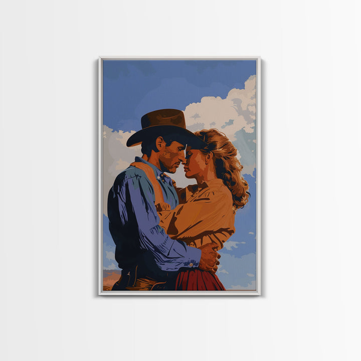 Classic Western Love Scene Under Blue Sky - Framed Canvas Print, Rustic Cowboy Decor, Living Room Art, Romantic Wall Art for Home