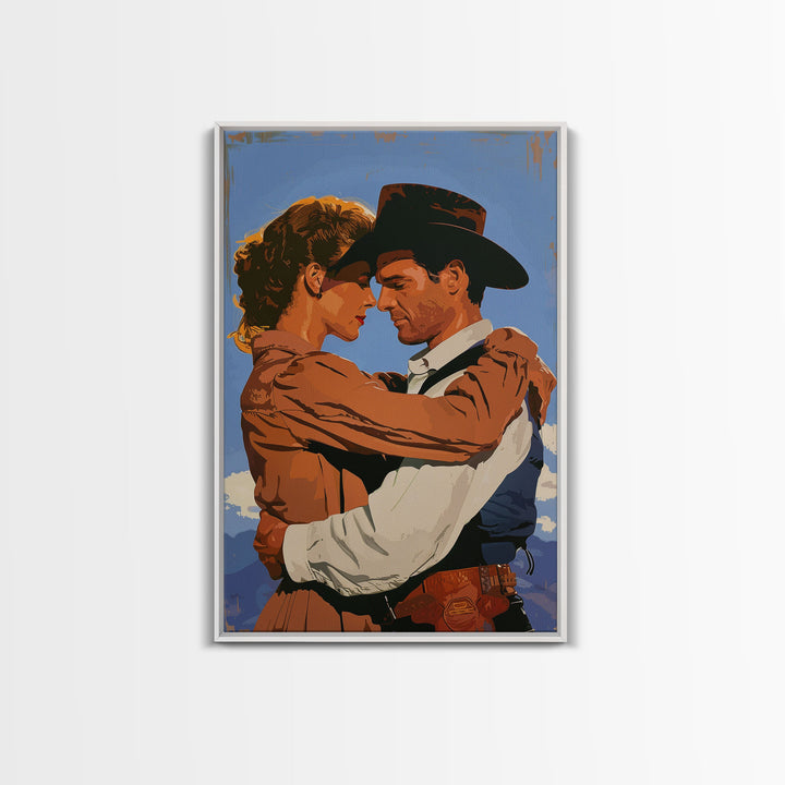 Intimate Western Couple Embracing - Framed Canvas Print, Vintage Western Decor, Bedroom Art, Romantic Wall Art for Home