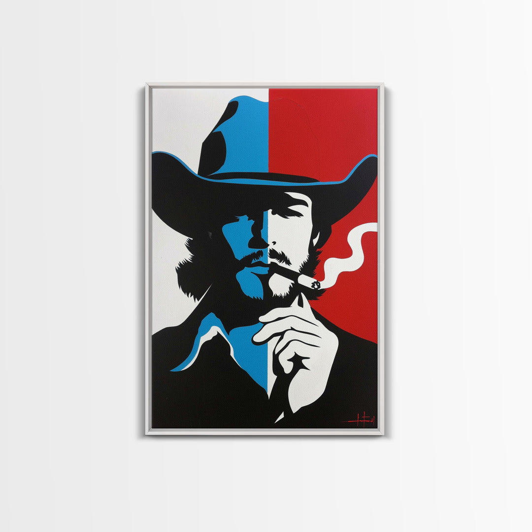 Iconic Cowboy Silhouette with Cigarette - Framed Canvas Print, Bold Western Decor, Living Room Art, Cowboy Wall Art for Home