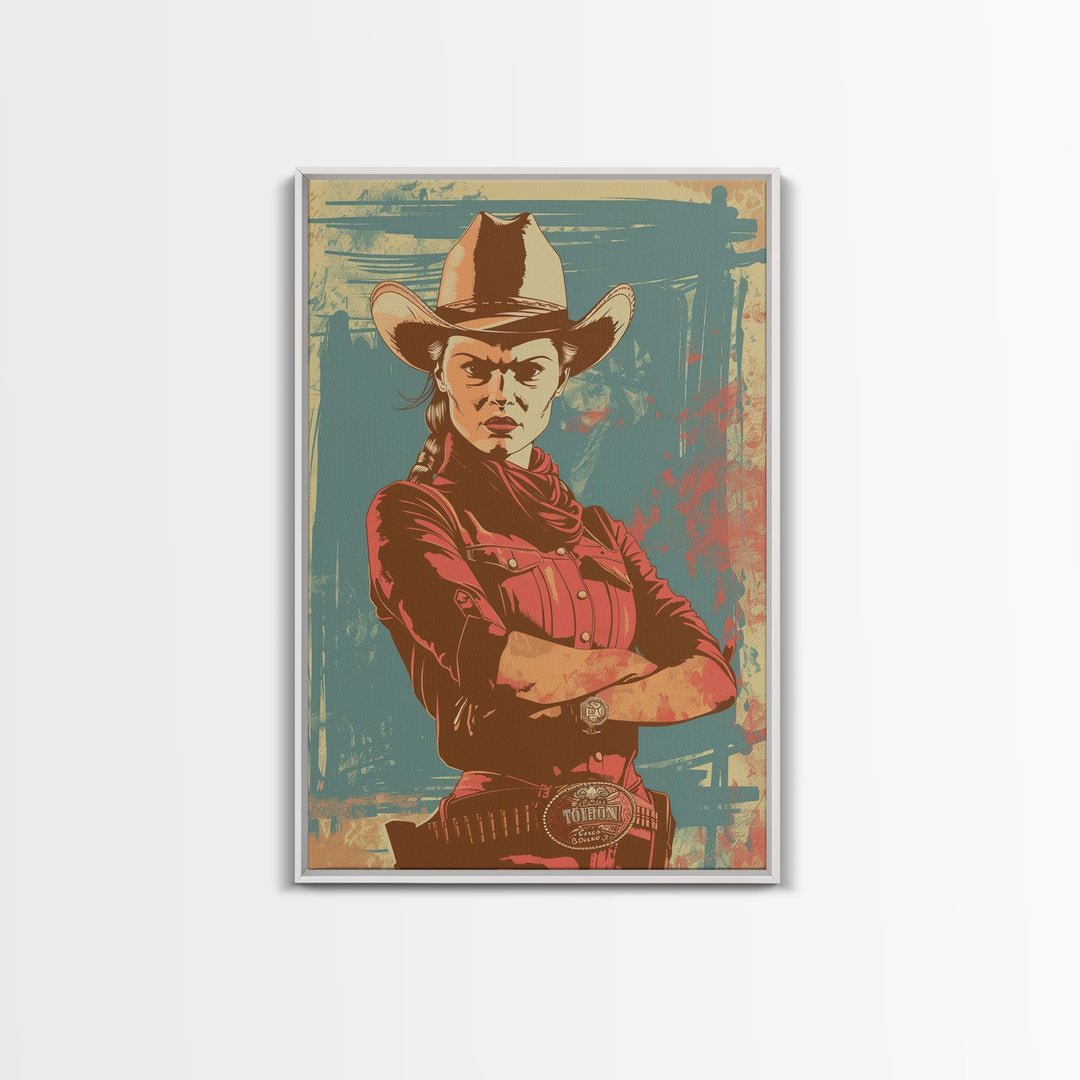 Fierce Cowgirl in Red Framed Canvas Print - Rustic Western Decor, Vintage Wall Art for Living Room, Bedroom Artwork