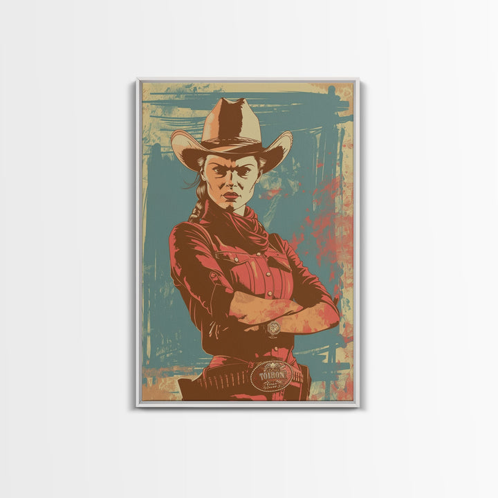 Fierce Cowgirl in Red Framed Canvas Print - Rustic Western Decor, Vintage Wall Art for Living Room, Bedroom Artwork