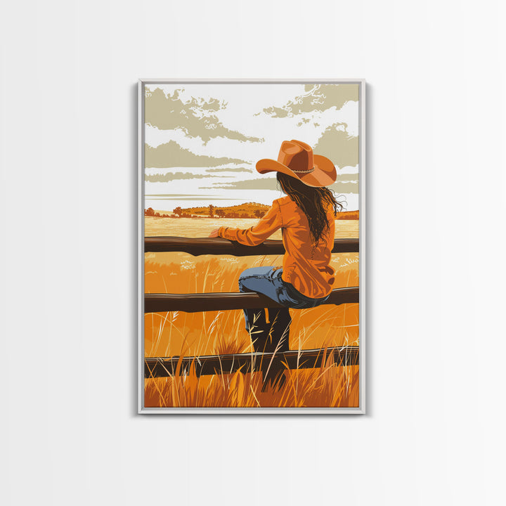 Contemplative Cowgirl on Fence Framed Canvas Print - Serene Western Decor, Country Wall Art for Living Room, Bedroom Artwork