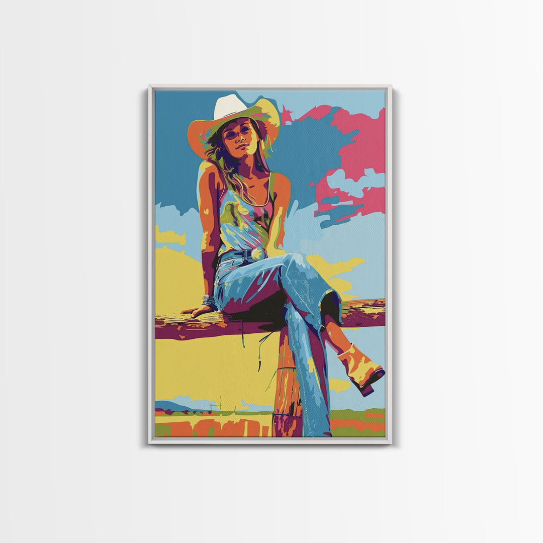 Colorful Cowgirl Portrait Framed Canvas Print - Bright Western Decor, Pop Art Wall Art for Living Room, Bedroom