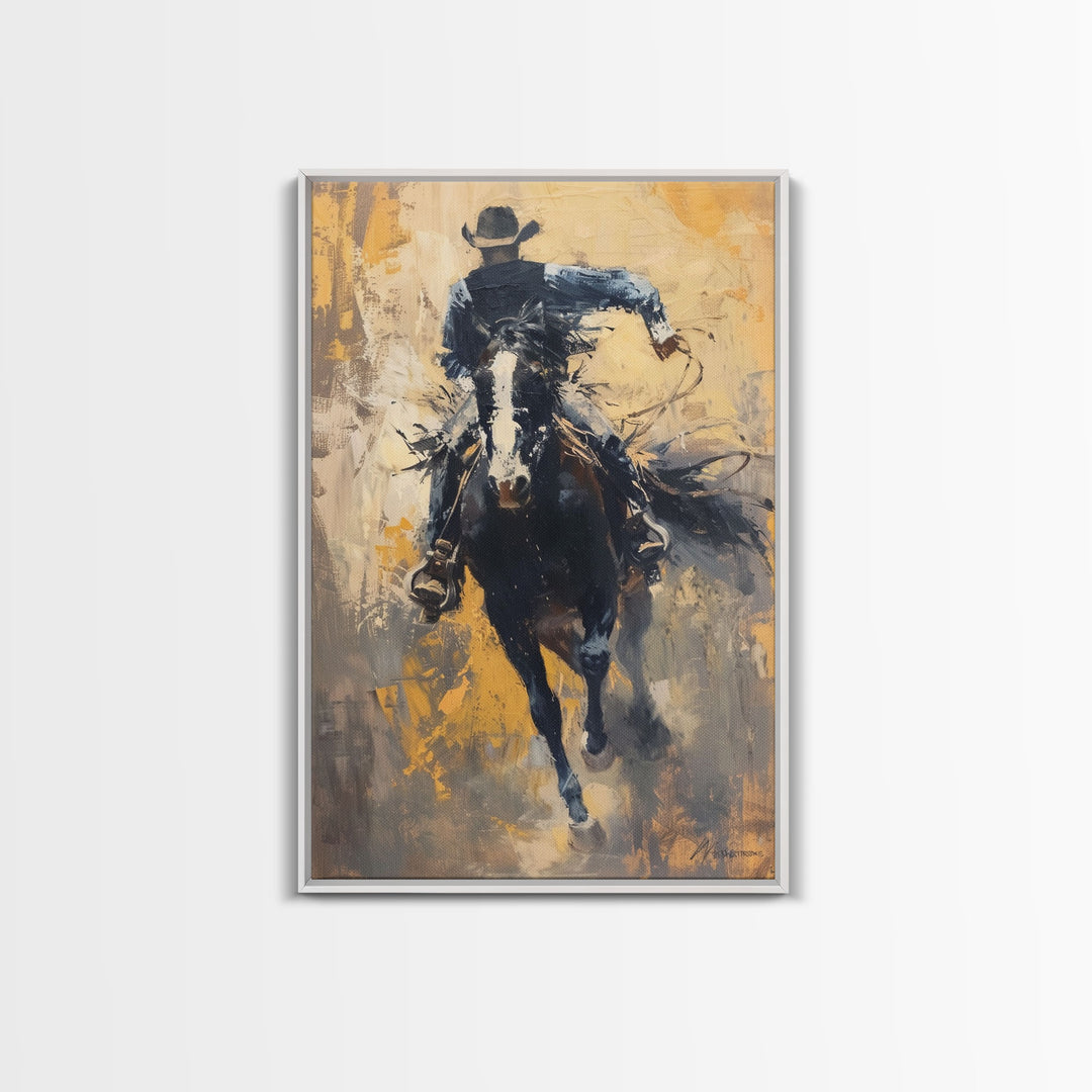 Intense Cowboy Riding Fast Framed Canvas Print - High-Energy Western Decor, Exciting Wall Art for Living Room, Bedroom